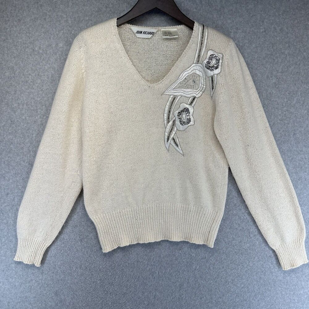 John Richard Womens Sweater Vintage Size Medium Embellished Cream Floral Silk